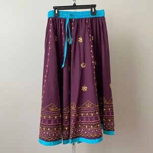 Mamta  Boho Beachy Fairy Peasant Lagenlook Embroidered Midi Skirt Teen Purple